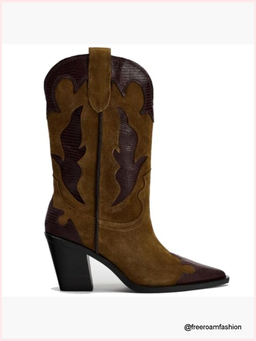 Brown Suede Cowboy Boots Embroidered Pointed Toe Chunky Heel Pull On - Picture 3 of 6